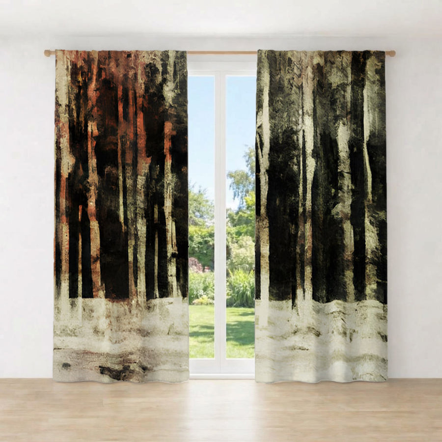 Beige Winter Forest Landscape Artwork Window Curtains