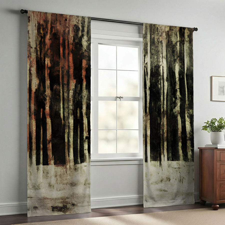 Beige Winter Forest Landscape Artwork Window Curtains