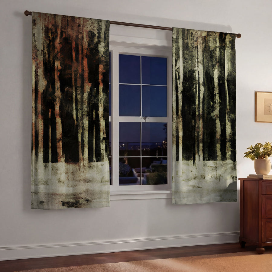 Beige Winter Forest Landscape Artwork Window Curtains