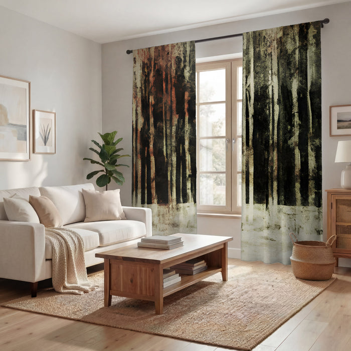 Beige Winter Forest Landscape Artwork Window Curtains