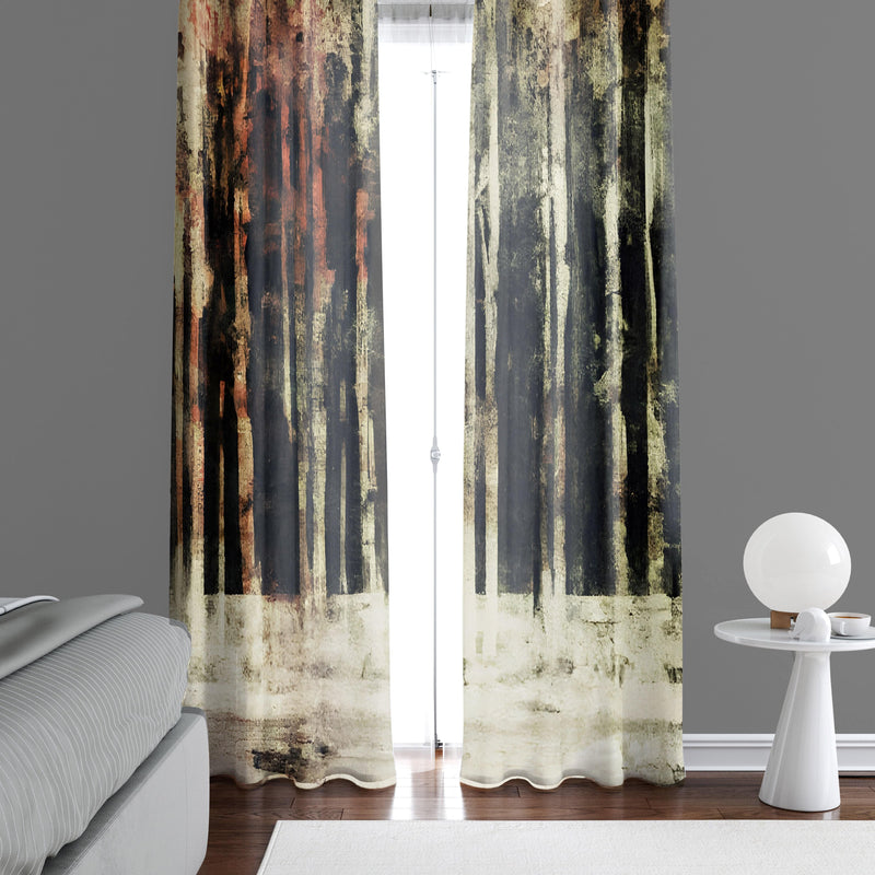 Abstract Window Curtains - Rustic Dark Color Striped Forest - Deja Blue Studios