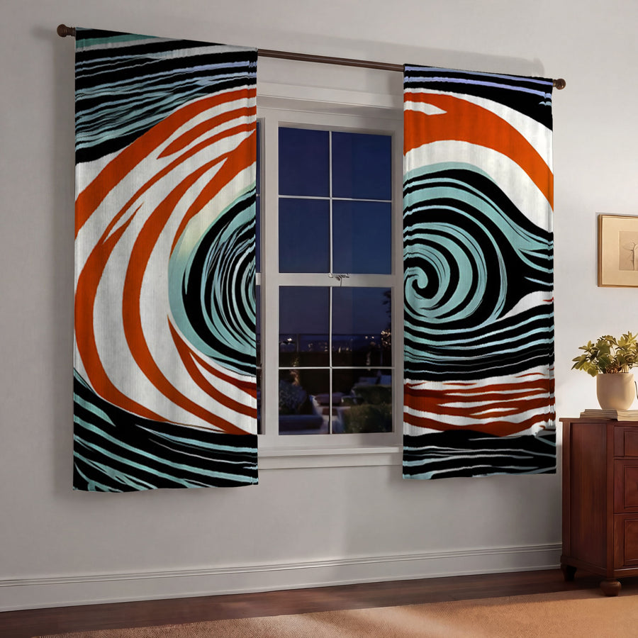 Orange and Black Spiral Abstract Pattern Window Curtains