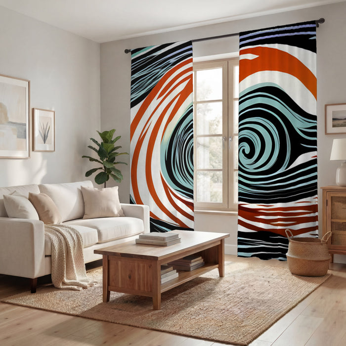Orange and Black Spiral Abstract Pattern Window Curtains