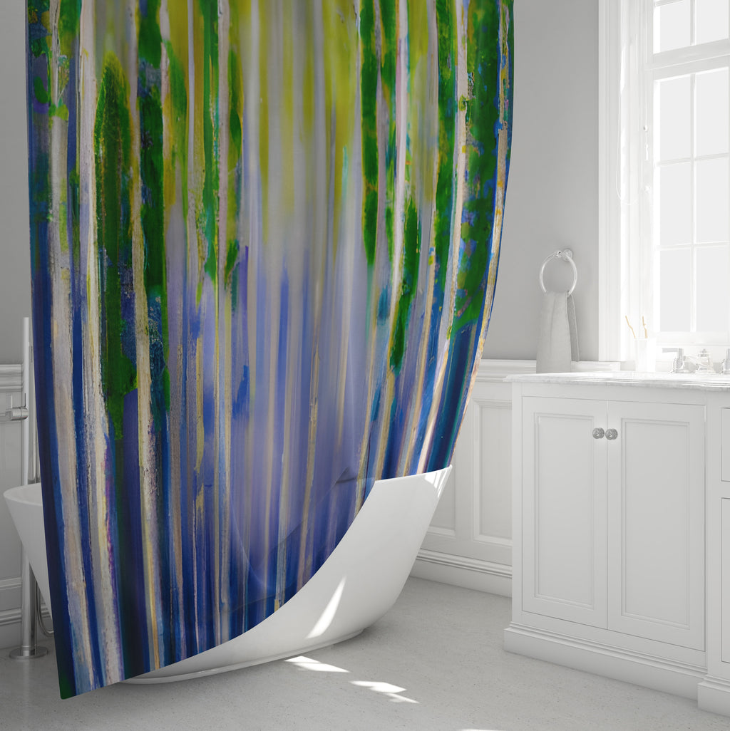 Boho Funky Shower Curtain - Abstract Purple and Green Striped Design - Deja Blue Studios