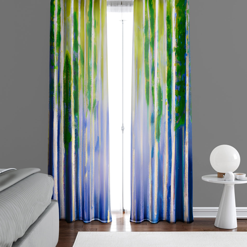 Boho Funk Window Curtains - Abstract Purple and Green Striped Design - Deja Blue Studios