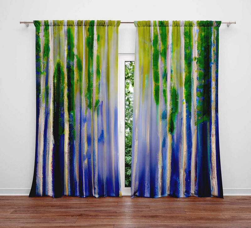 Boho Funk Window Curtains - Abstract Purple and Green Striped Design - Deja Blue Studios