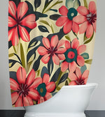 Contemporary Floral Shower Curtain - Beige, Pink and Green Painted Print - Deja Blue Studios