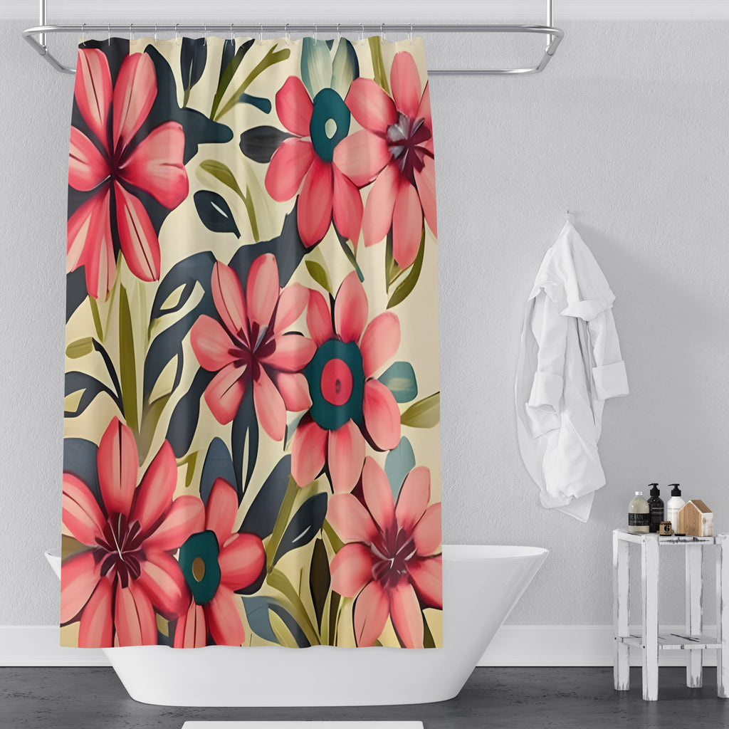 Contemporary Floral Shower Curtain - Beige, Pink and Green Painted Print - Deja Blue Studios