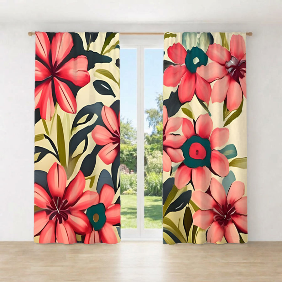 Pink Floral Botanical Pattern Window Curtains