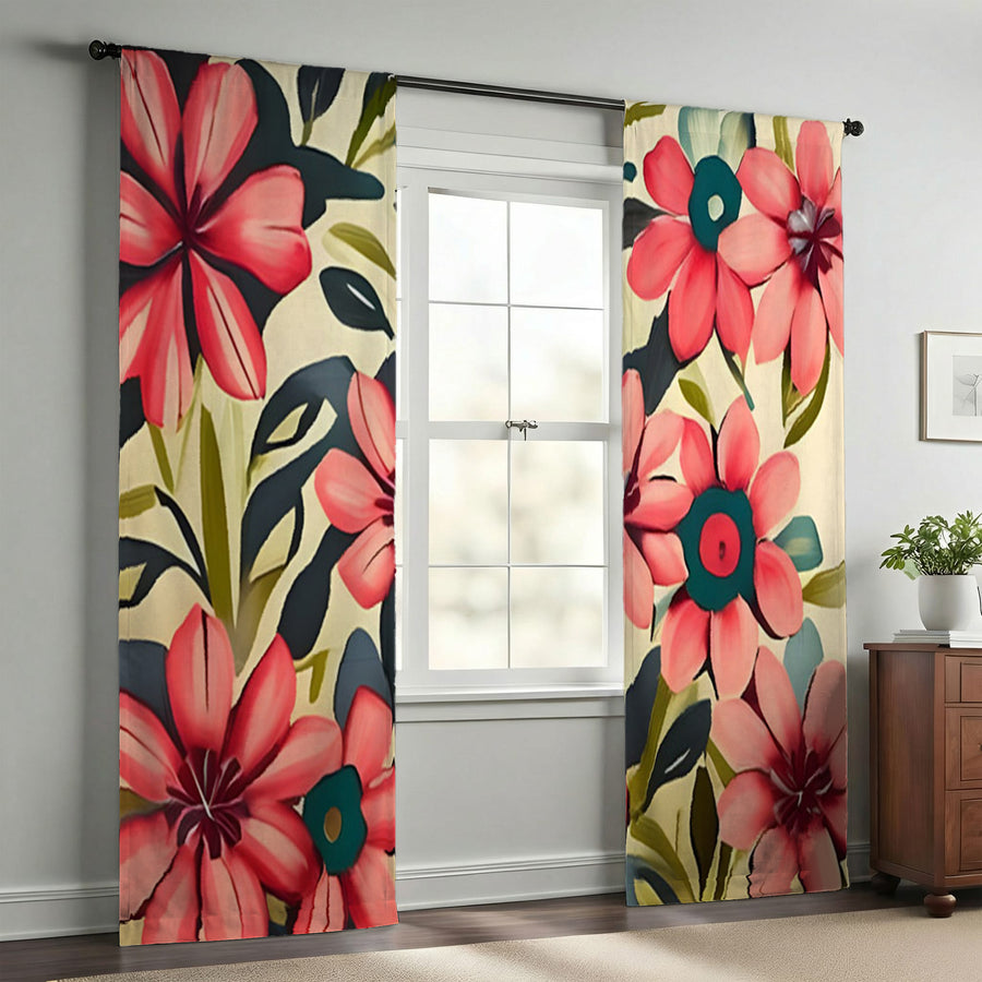 Pink Floral Botanical Pattern Window Curtains