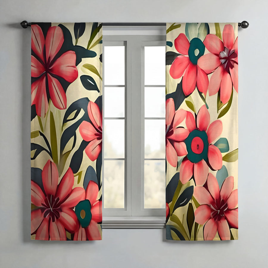 Pink Floral Botanical Pattern Window Curtains