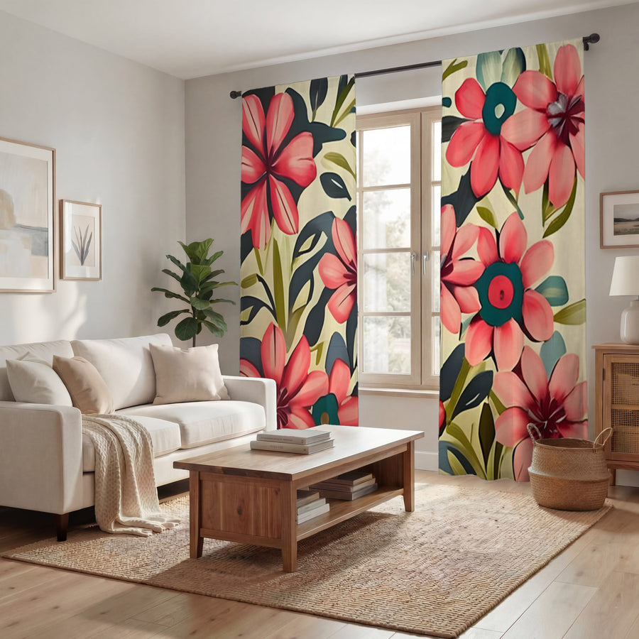 Pink Floral Botanical Pattern Window Curtains