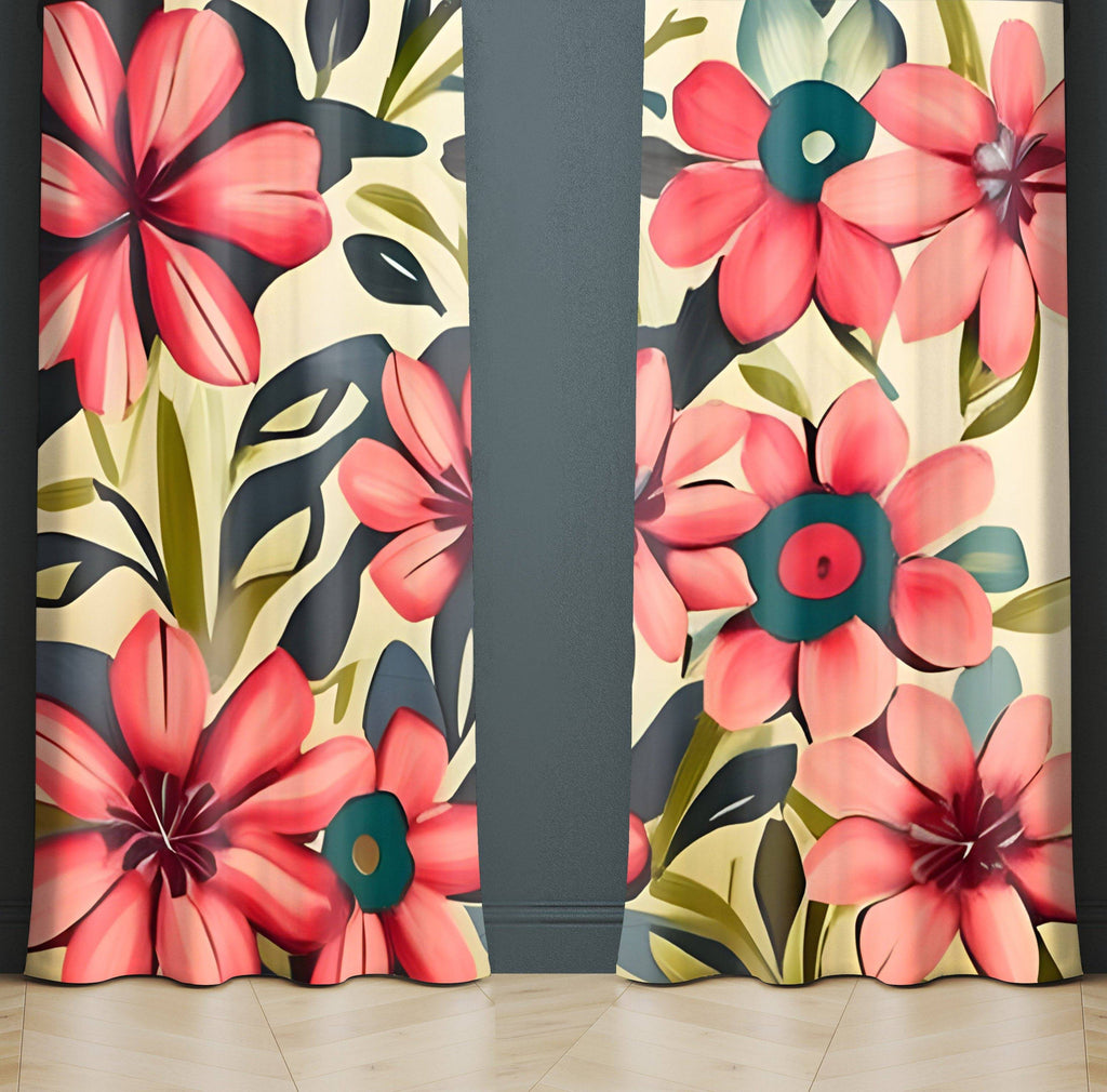 Contemporary Floral Window Curtains - Beige, Pink and Green Painted Print - Deja Blue Studios