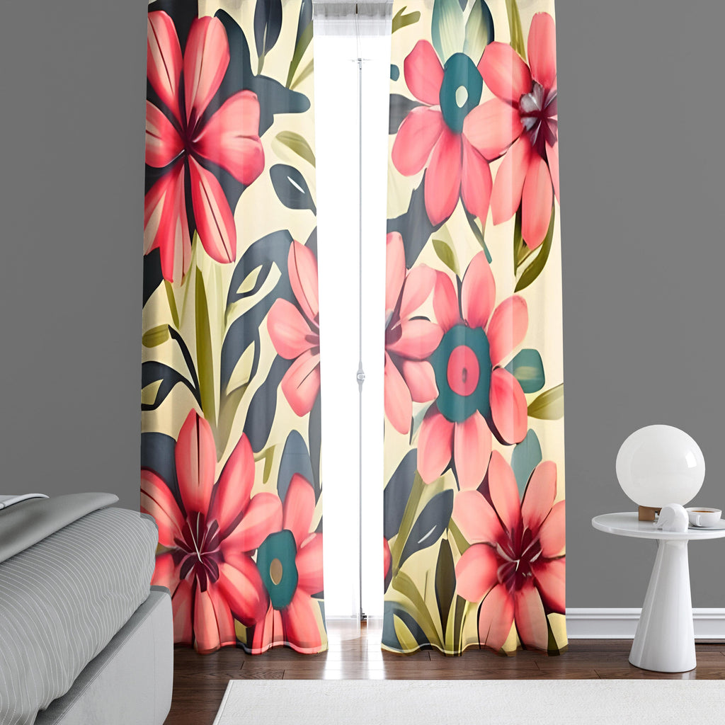 Contemporary Floral Window Curtains - Beige, Pink and Green Painted Print - Deja Blue Studios