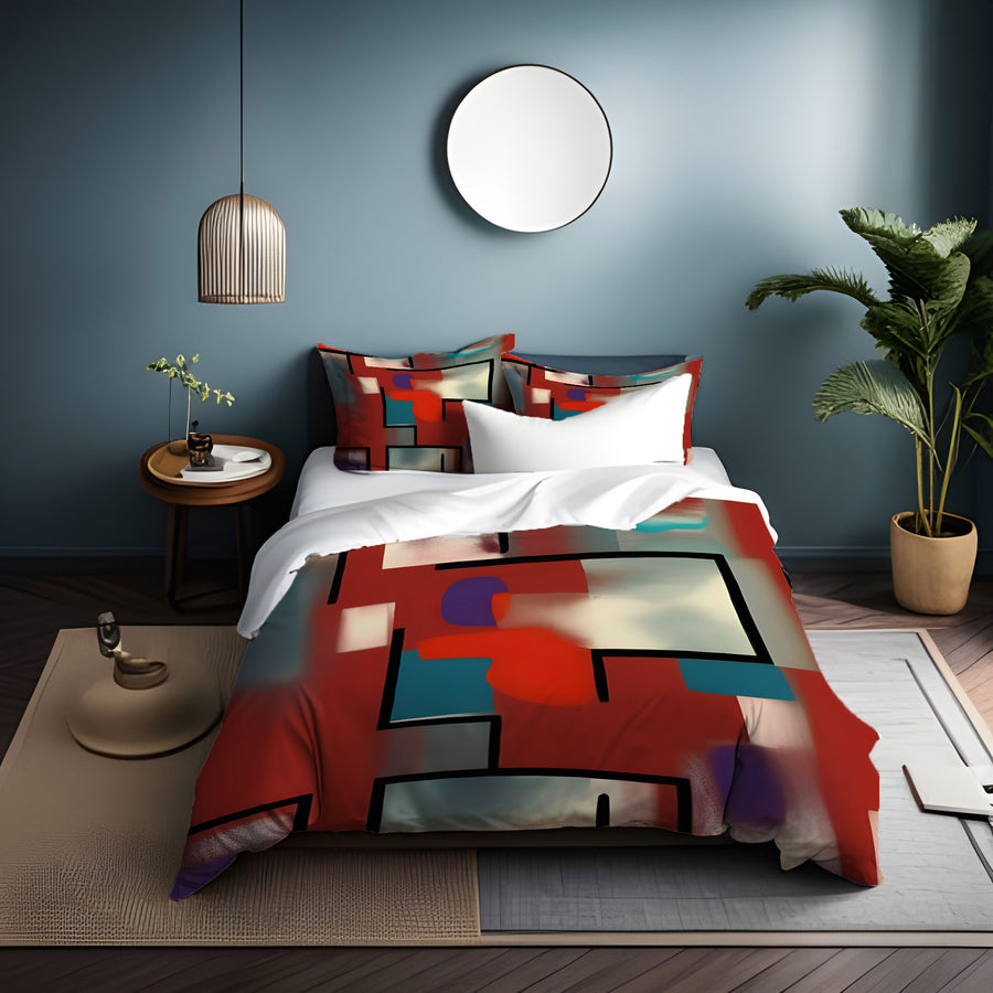 Red and Black Geometric MCM Block Pattern Duvet Cover
