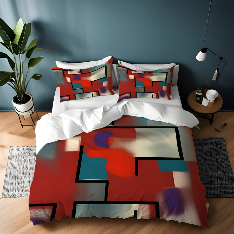 Red and Black Geometric MCM Block Pattern Duvet Cover