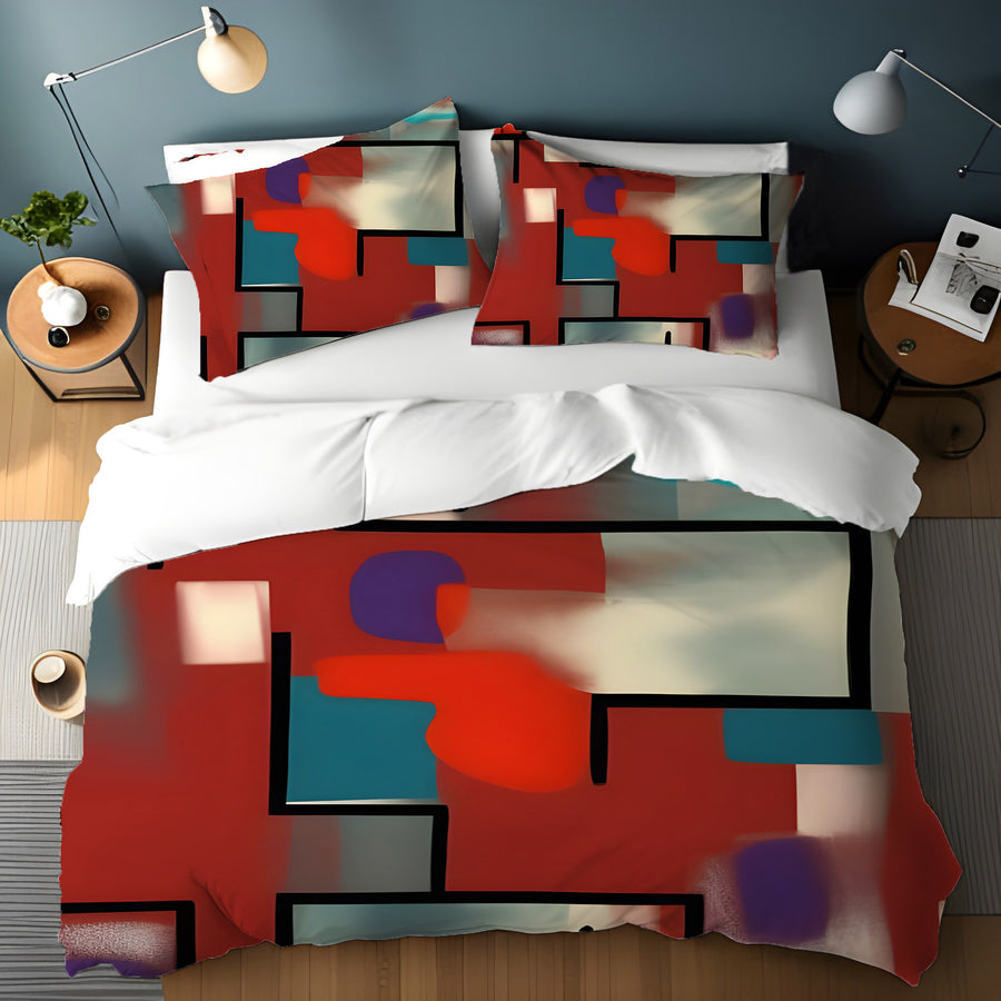 Red and Black Geometric MCM Block Pattern Duvet Cover