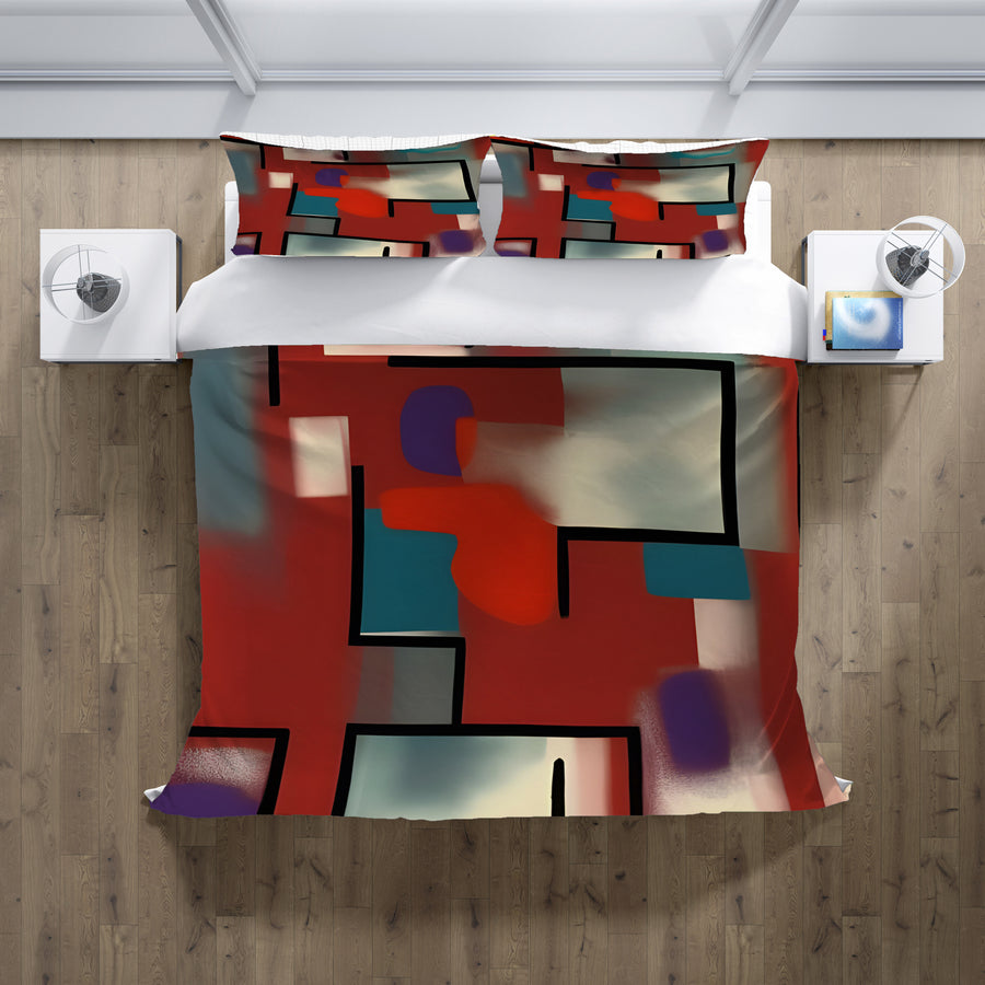 Red and Black Geometric MCM Block Pattern Duvet Cover