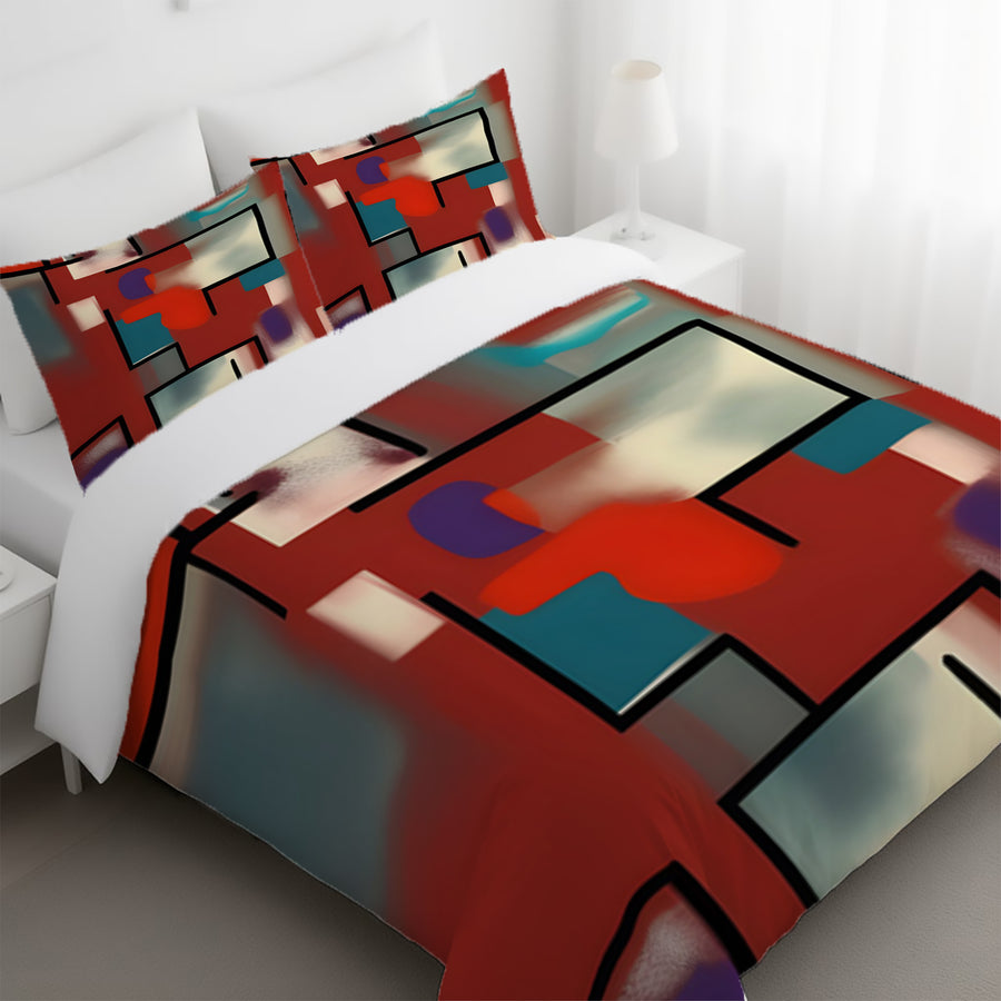 Red and Black Geometric MCM Block Pattern Duvet Cover