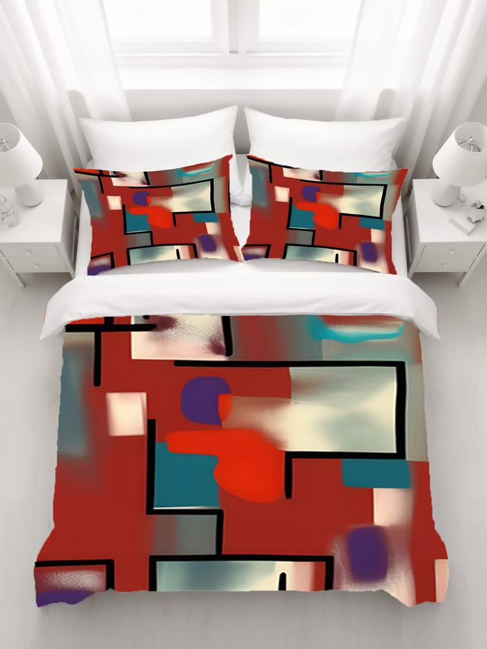Red and Black Geometric MCM Block Pattern Duvet Cover