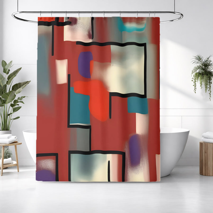 Red and Black Geometric MCM Block Pattern Shower Curtain