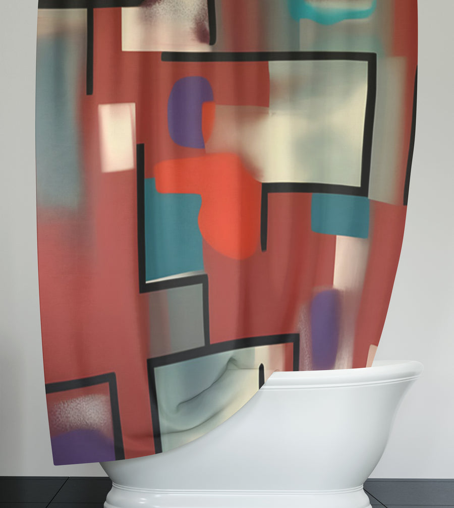 Red and Black Geometric MCM Block Pattern Shower Curtain