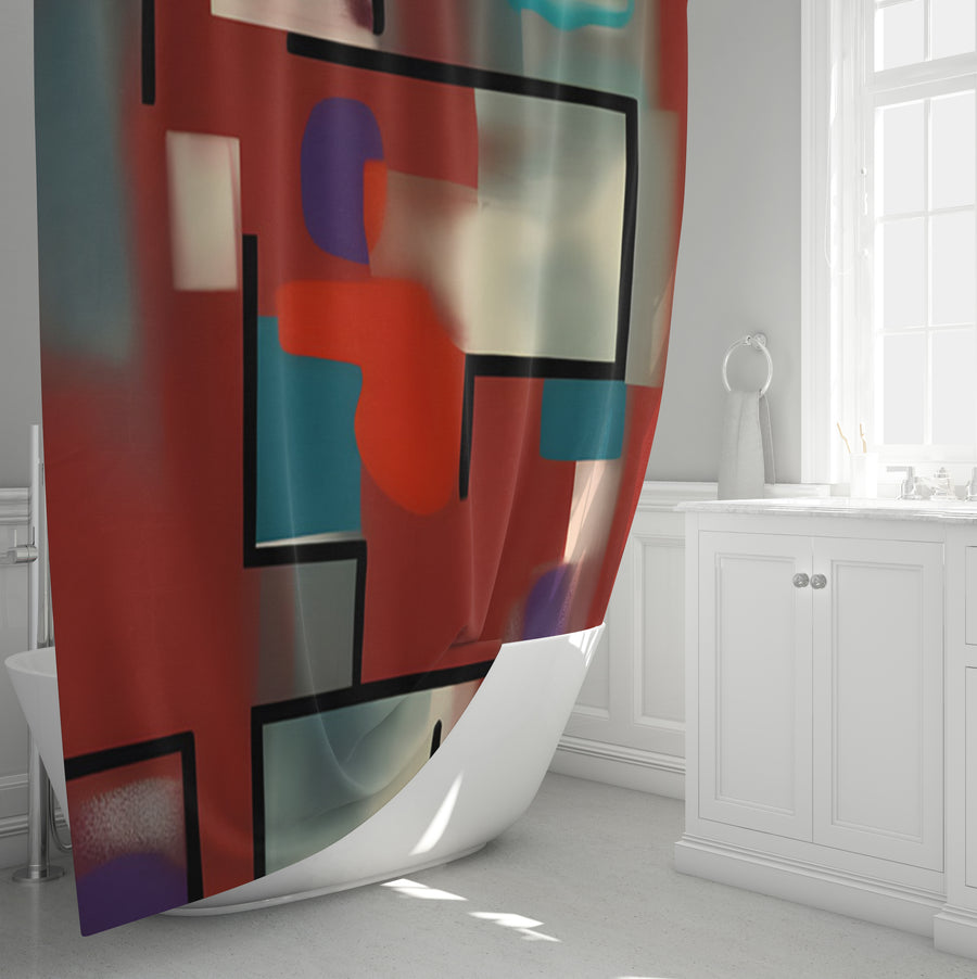 Red and Black Geometric MCM Block Pattern Shower Curtain
