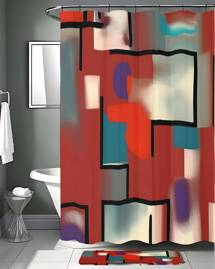 Red and Black Geometric MCM Block Pattern Shower Curtain