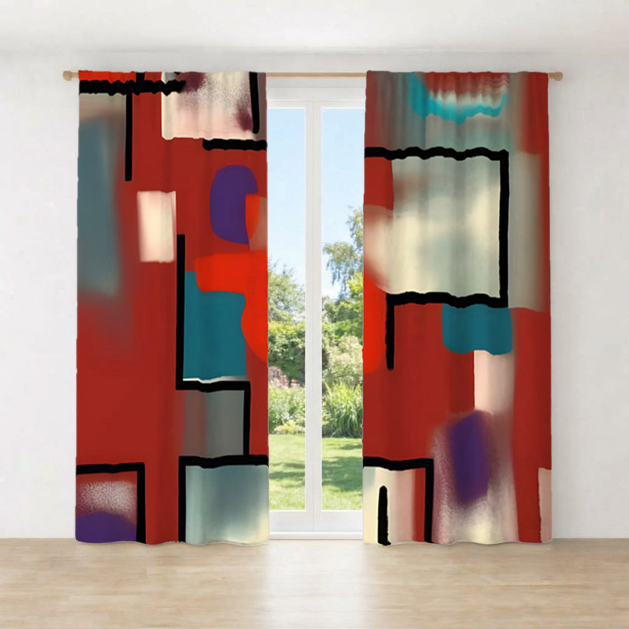 Red and Black Geometric MCM Block Pattern Window Curtains