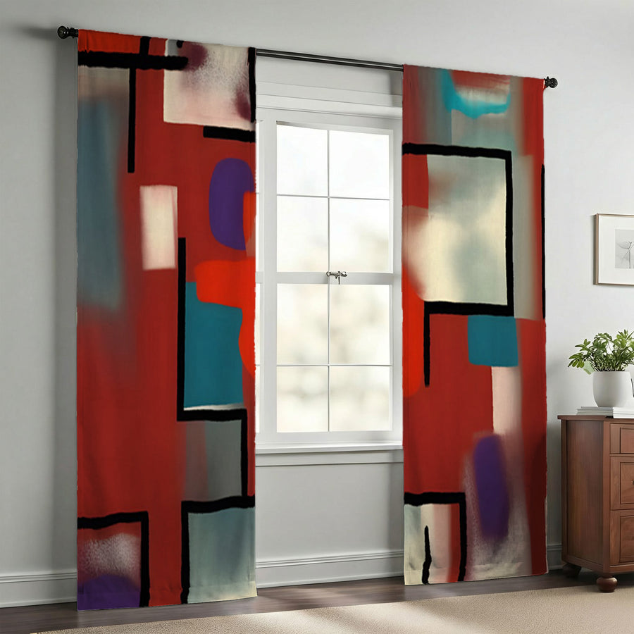 Red and Black Geometric MCM Block Pattern Window Curtains