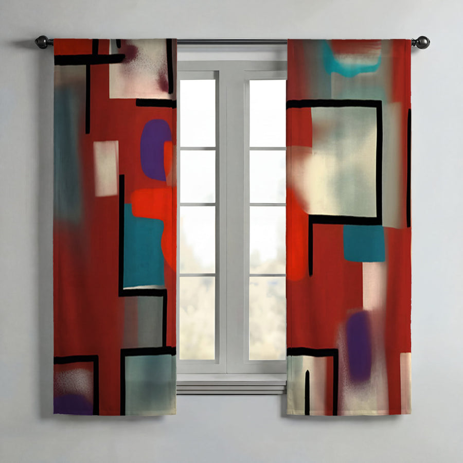 Red and Black Geometric MCM Block Pattern Window Curtains