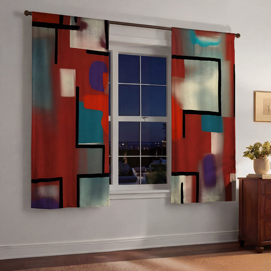 Red and Black Geometric MCM Block Pattern Window Curtains