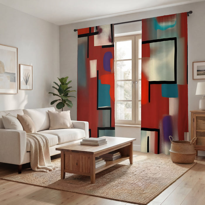 Red and Black Geometric MCM Block Pattern Window Curtains