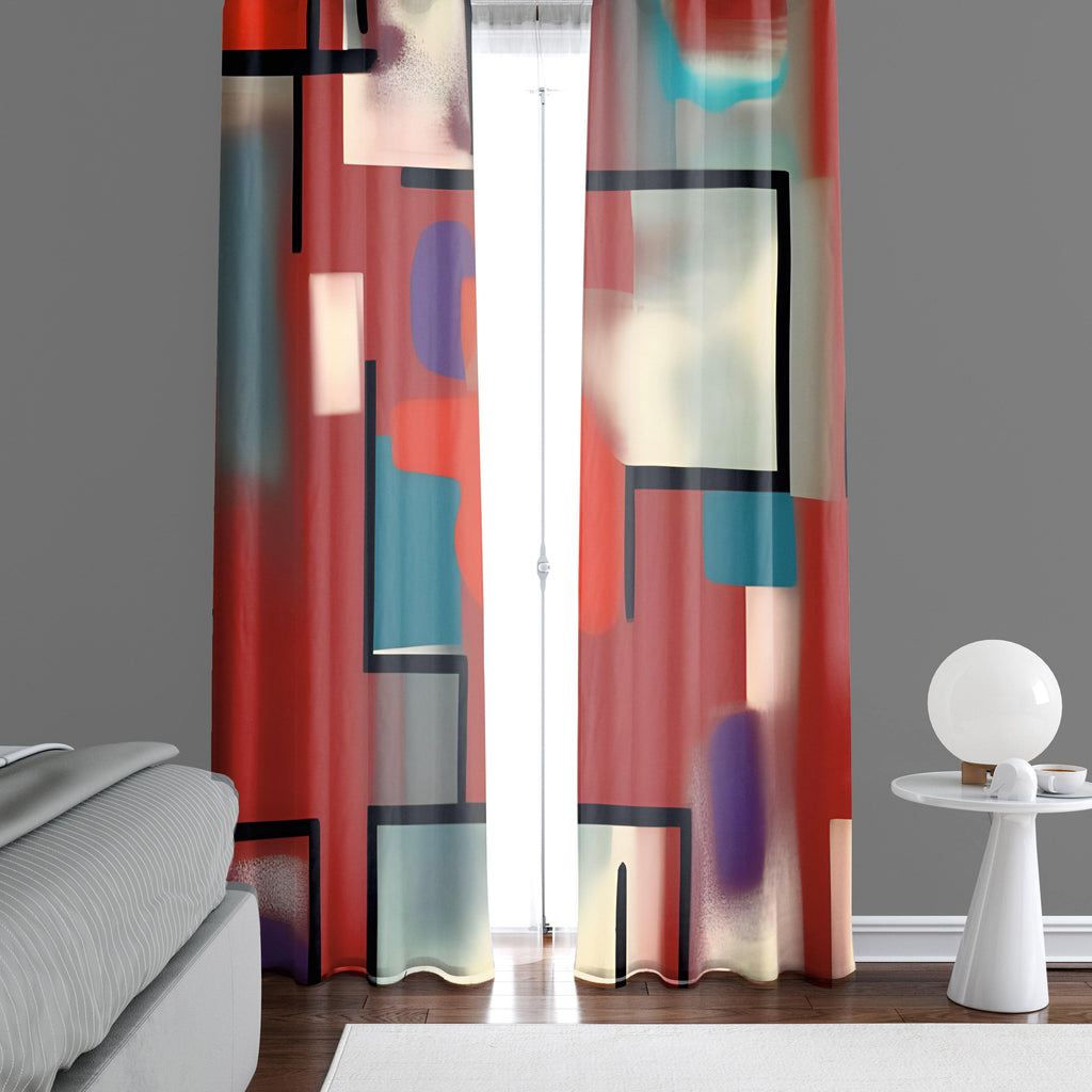 Abstract Window Curtains - Red Color Splash Mid Century Style - Deja Blue Studios