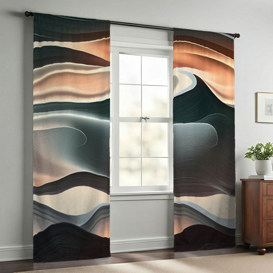Beige and Teal Fluid Abstract Pattern Window Curtains