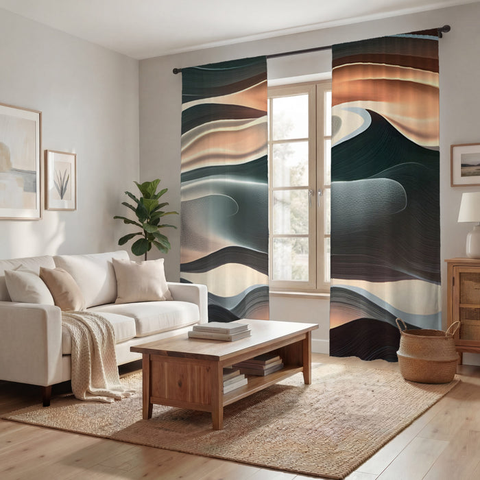 Beige and Teal Fluid Abstract Pattern Window Curtains