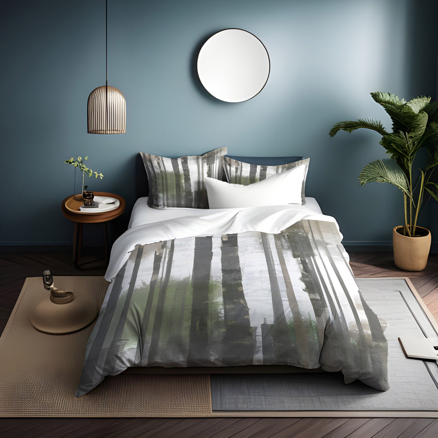 Gray Vertical Forest Blur Stripe Pattern Duvet Cover