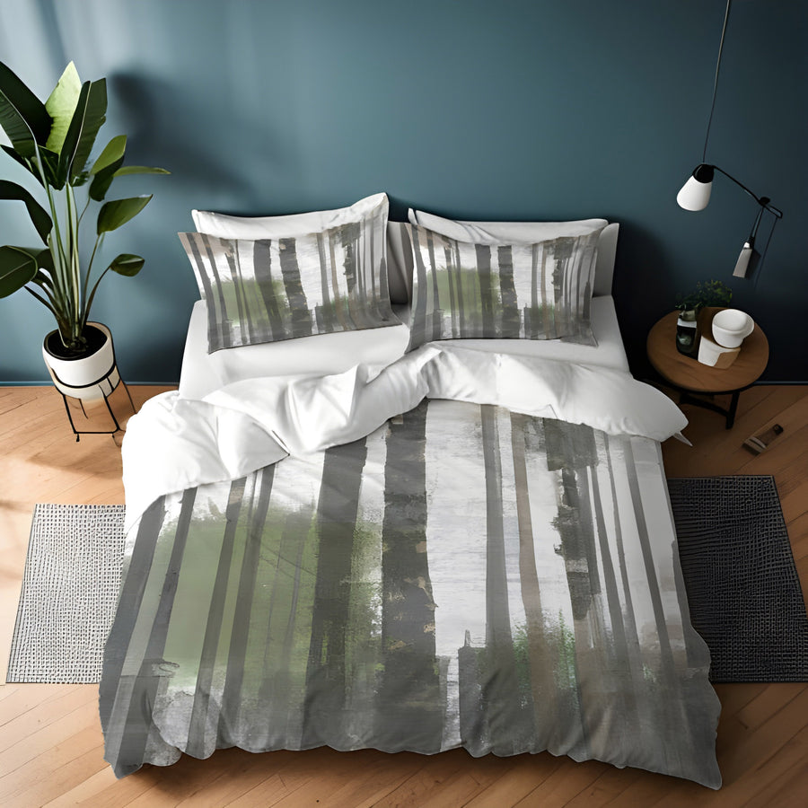 Gray Vertical Forest Blur Stripe Pattern Duvet Cover