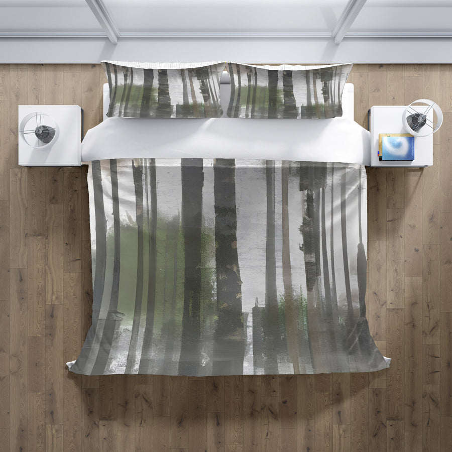 Gray Vertical Forest Blur Stripe Pattern Duvet Cover