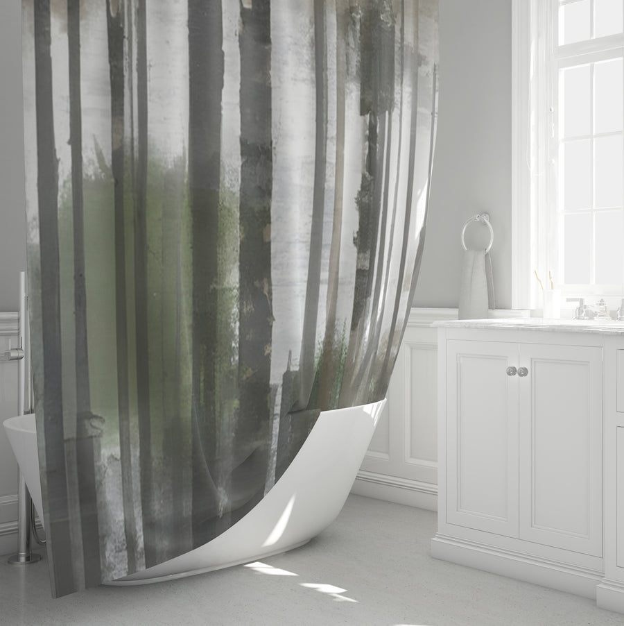 Gray Vertical Forest Blur Stripe Pattern Shower Curtain