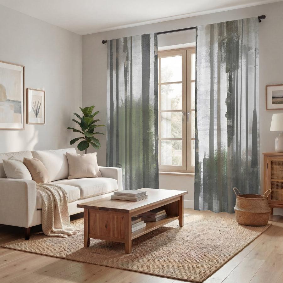 Gray Vertical Forest Blur Stripe Pattern Window Curtains
