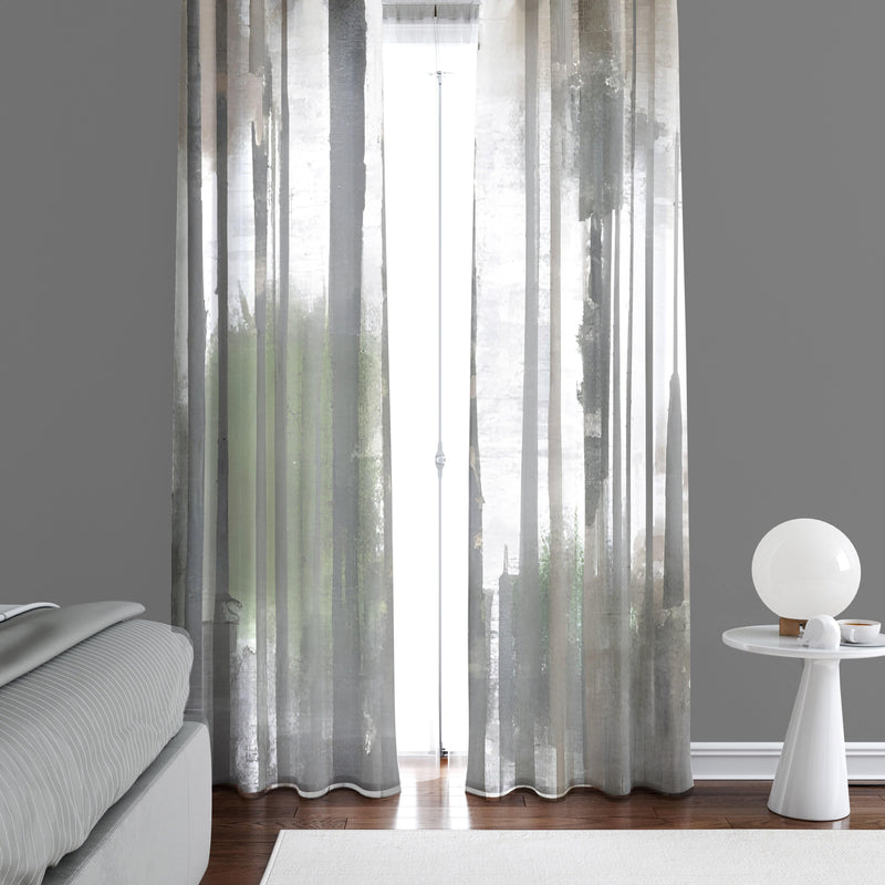 Abstract Striped Window Curtains - White, Green and Gray Print - Deja Blue Studios