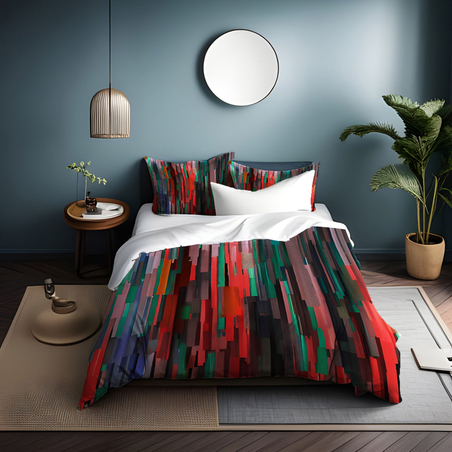 Red and Green Vertical Broken Stripe Abstract Pattern Duvet Cover