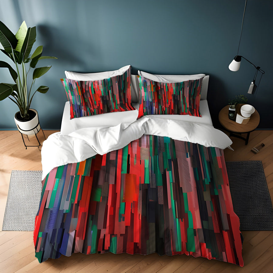 Red and Green Vertical Broken Stripe Abstract Pattern Duvet Cover