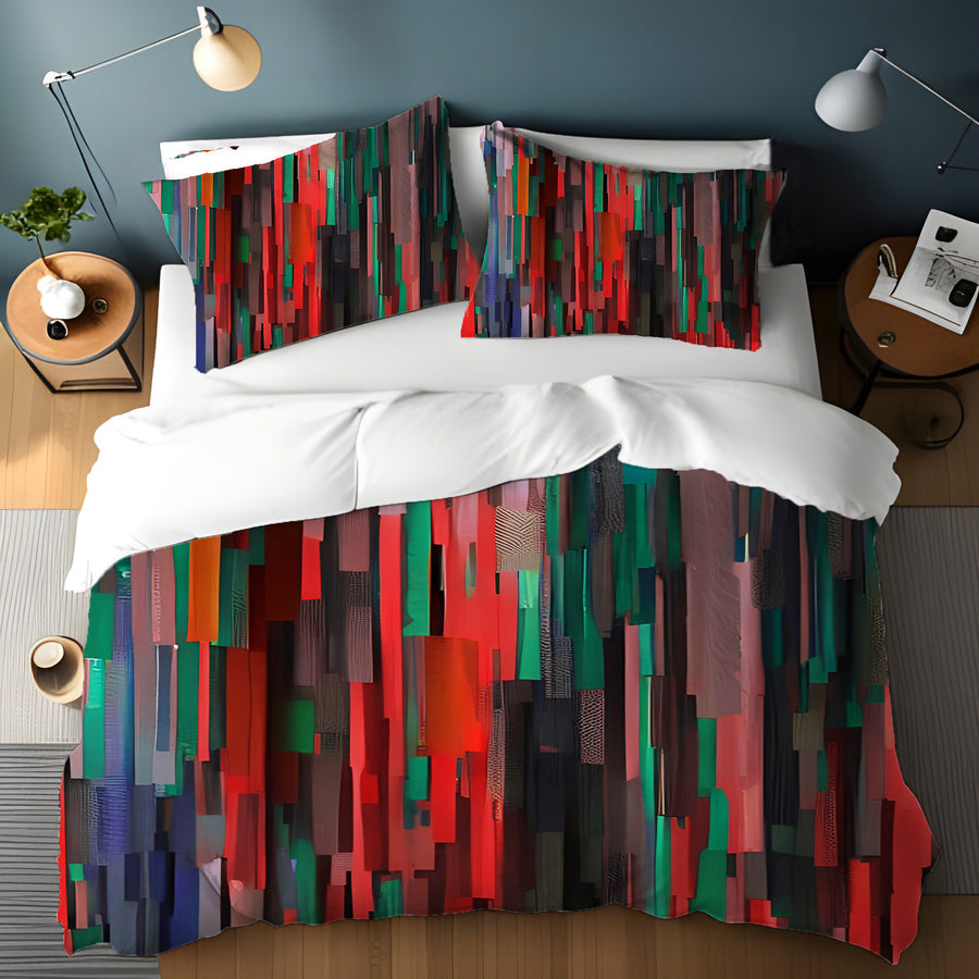 Red and Green Vertical Broken Stripe Abstract Pattern Duvet Cover