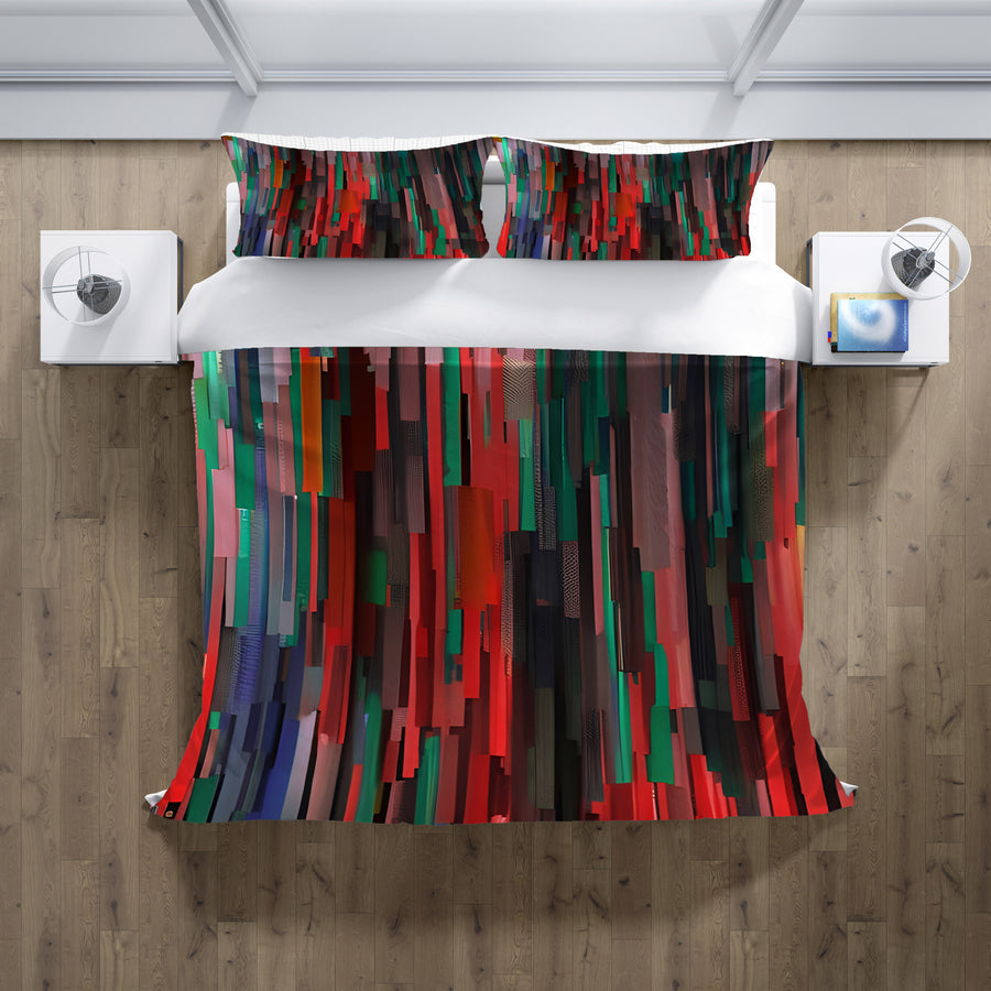 Red and Green Vertical Broken Stripe Abstract Pattern Duvet Cover