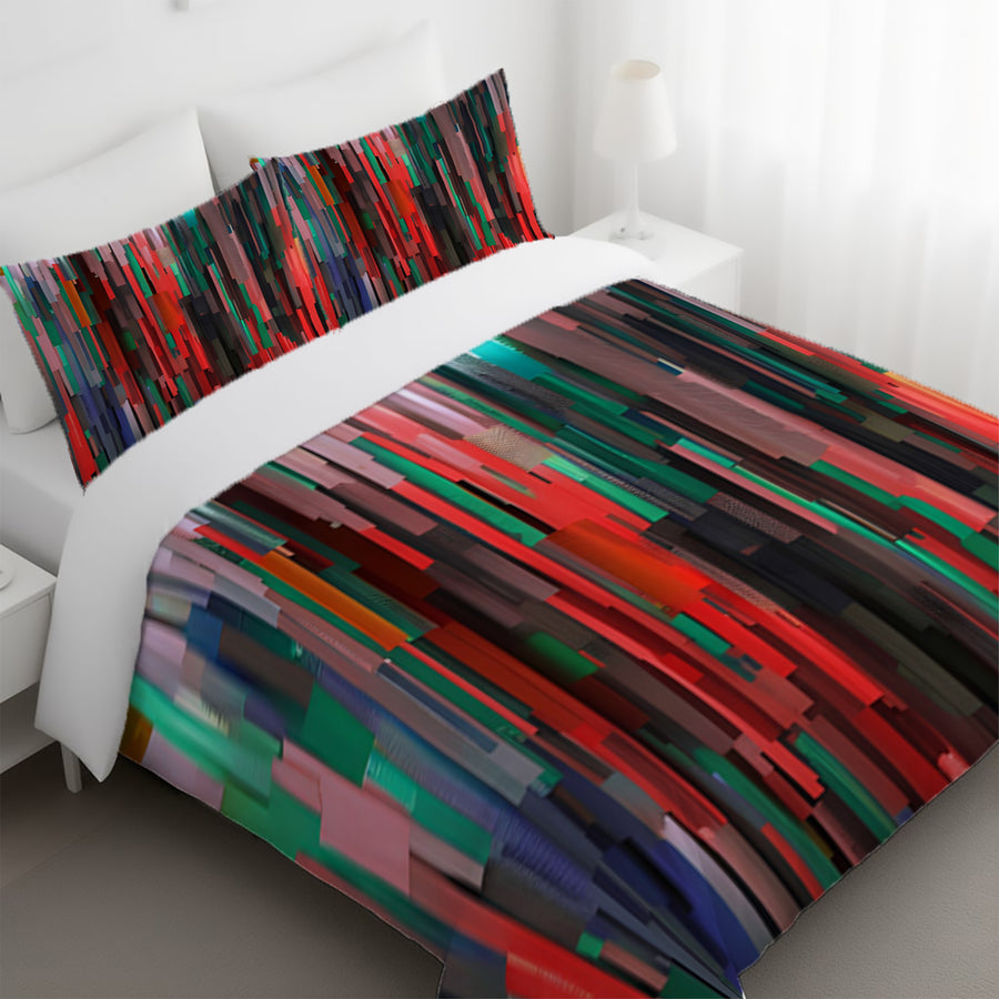 Red and Green Vertical Broken Stripe Abstract Pattern Duvet Cover