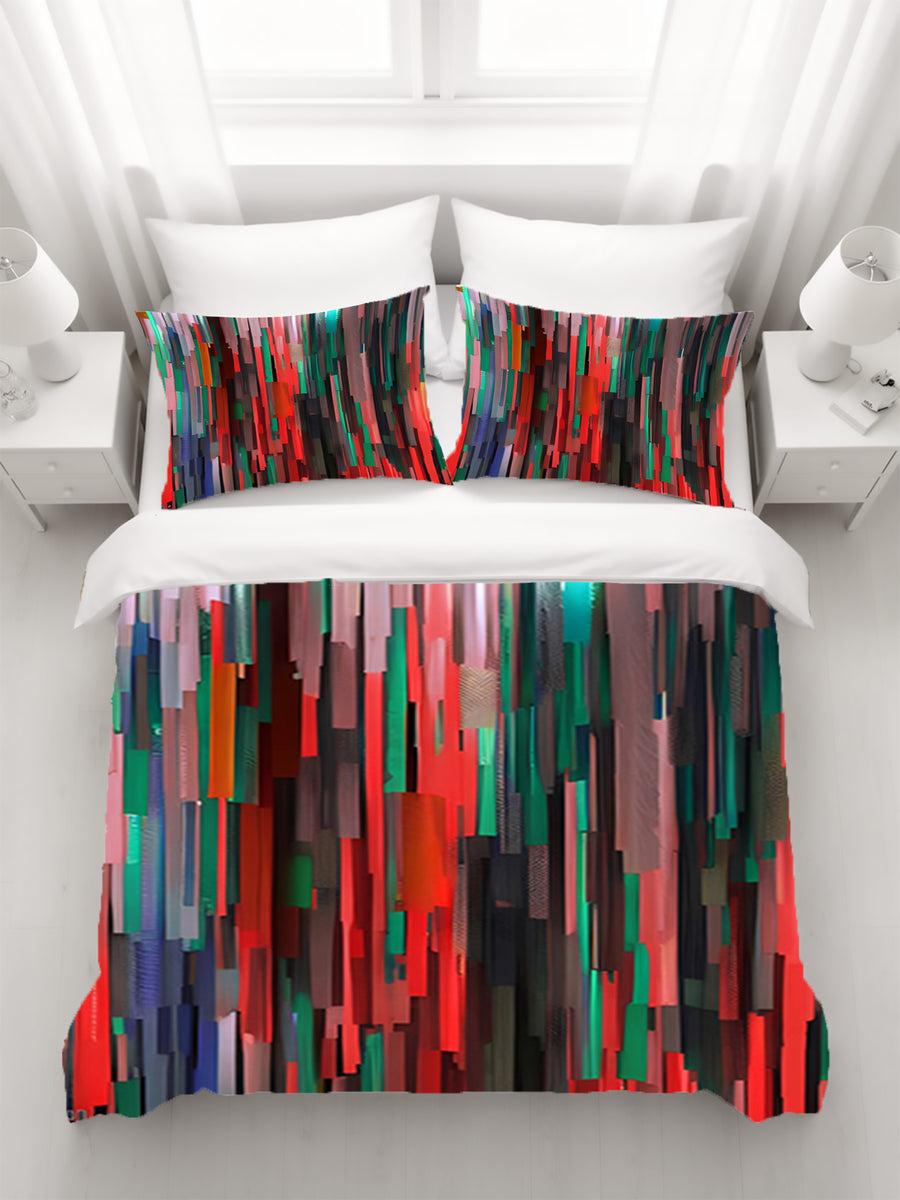 Red and Green Vertical Broken Stripe Abstract Pattern Duvet Cover
