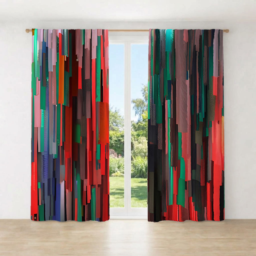 Red and Green Vertical Broken Stripe Abstract Pattern Window Curtains