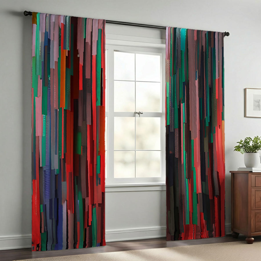 Red and Green Vertical Broken Stripe Abstract Pattern Window Curtains